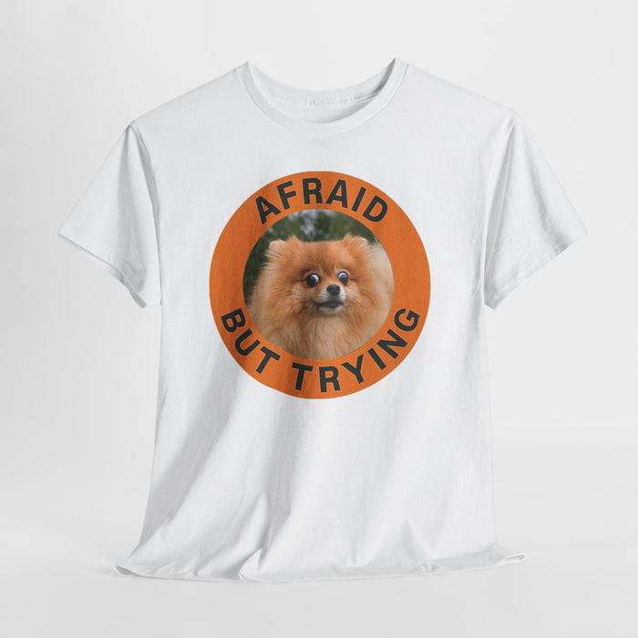 T-Shirt — "Afraid But Trying" Pomeranian Motivational Tee