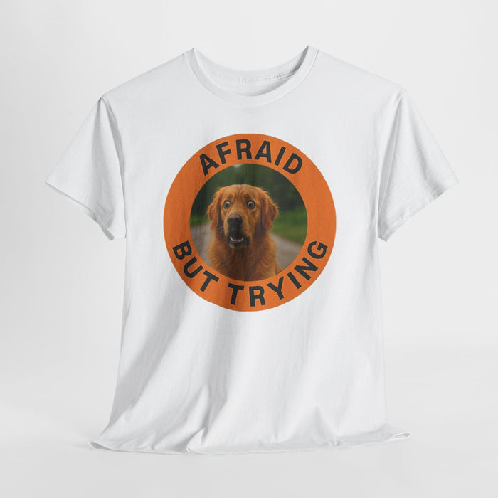Golden Retriever T-Shirt — "Afraid But Trying" Dog Photo Graphic Tee