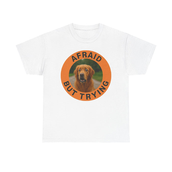 Golden Retriever T-Shirt — "Afraid But Trying" Dog Photo Graphic Tee