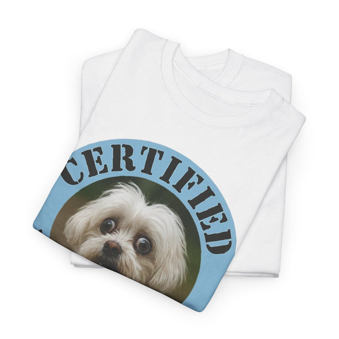 Maltese Certified Velcro Dog T‑Shirt — Funny Pet Lover Tee with Cute Pup Portrait