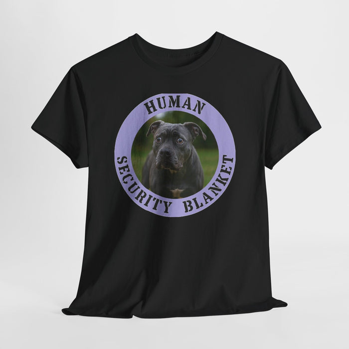 Pit Bull T-Shirt — "Human Security Blanket" Black Dog Photo Tee
