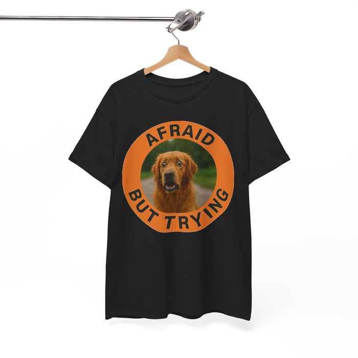 Golden Retriever T-Shirt — "Afraid But Trying" Dog Photo Graphic Tee