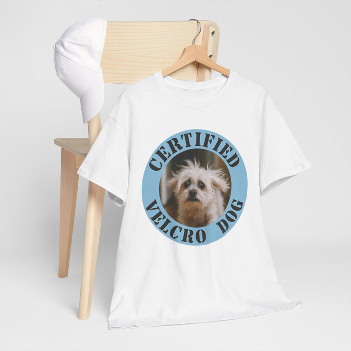 Certified Velcro Dog T‑Shirt — Funny Pet Lover Tee with Cute Dog Photo