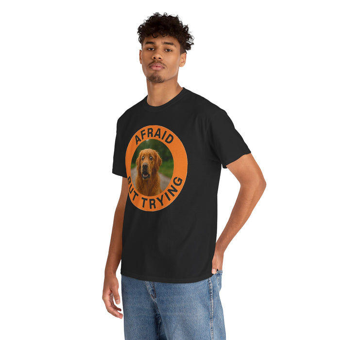 Golden Retriever T-Shirt — "Afraid But Trying" Dog Photo Graphic Tee