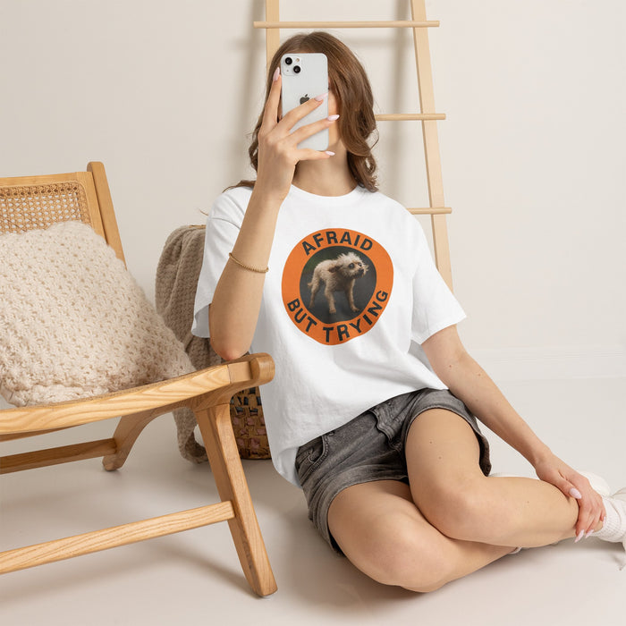 Afraid But Trying T‑Shirt — Cute Nervous Puppy Motivational Graphic Tee