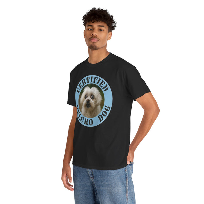 Maltese Certified Velcro Dog T‑Shirt — Funny Pet Lover Tee with Cute Pup Portrait