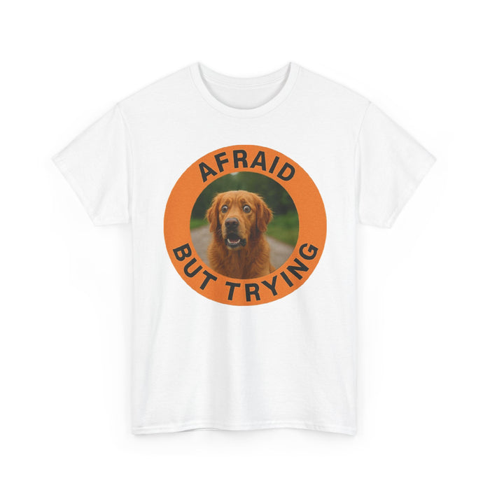 Golden Retriever T-Shirt — "Afraid But Trying" Dog Photo Graphic Tee
