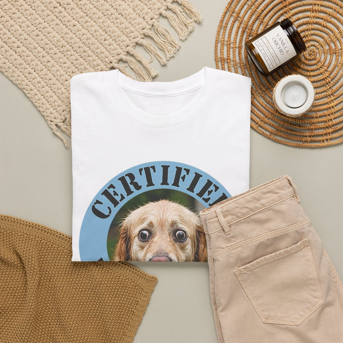 Certified Velcro Dog T‑Shirt – Funny Pet Lover Tee with Dog Face Badge