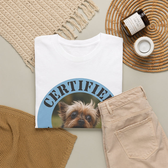 Certified Velcro Dog T-Shirt — Funny Pet Lover Tee with Yorkie Badge