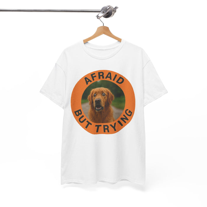 Golden Retriever T-Shirt — "Afraid But Trying" Dog Photo Graphic Tee