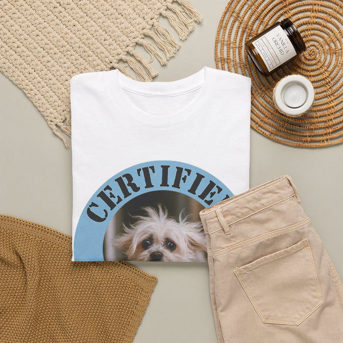 Certified Velcro Dog T‑Shirt — Funny Pet Lover Tee with Cute Dog Photo
