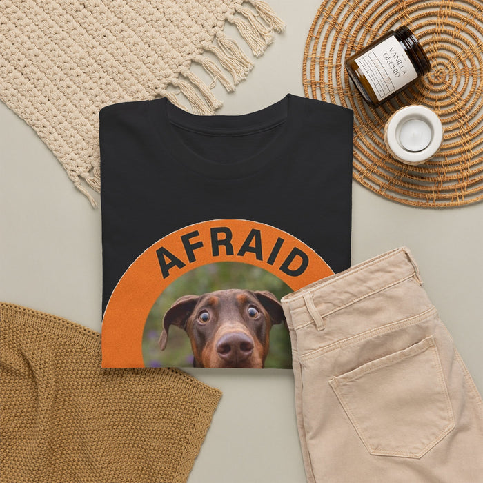 Doberman Dog Photo Tee — "Afraid But Trying" Inspirational Graphic T-Shirt