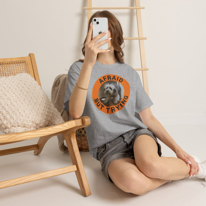 Afraid But Trying T‑Shirt — Cute Rescue Dog Motivational Old English Sheepdog Tee