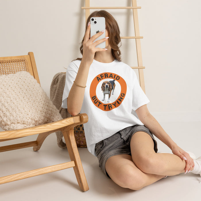 Beagle Afraid But Trying T‑Shirt — Cute Basset Hound Encouragement Tee