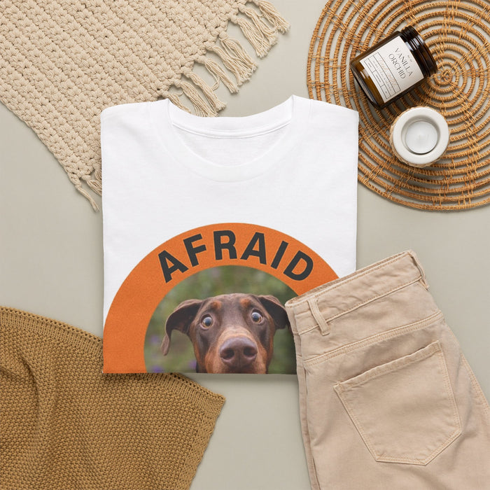 Doberman Dog Photo Tee — "Afraid But Trying" Inspirational Graphic T-Shirt