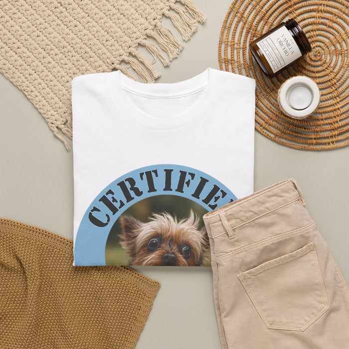 Certified Velcro Dog T‑Shirt — Funny Pet Lover Tee with Yorkie Photo