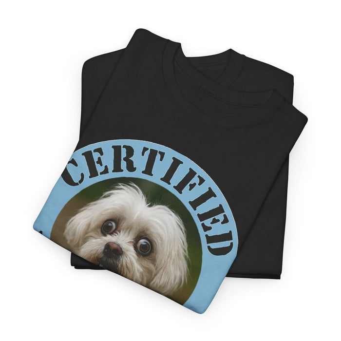 Maltese Certified Velcro Dog T‑Shirt — Funny Pet Lover Tee with Cute Pup Portrait