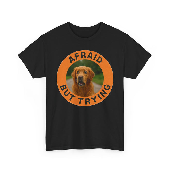 Golden Retriever T-Shirt — "Afraid But Trying" Dog Photo Graphic Tee