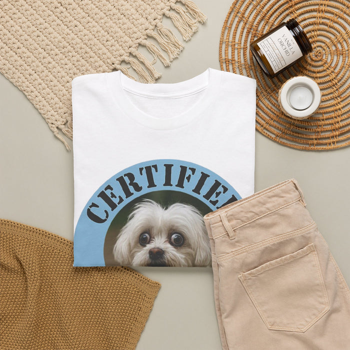 Maltese Certified Velcro Dog T‑Shirt — Funny Pet Lover Tee with Cute Pup Portrait