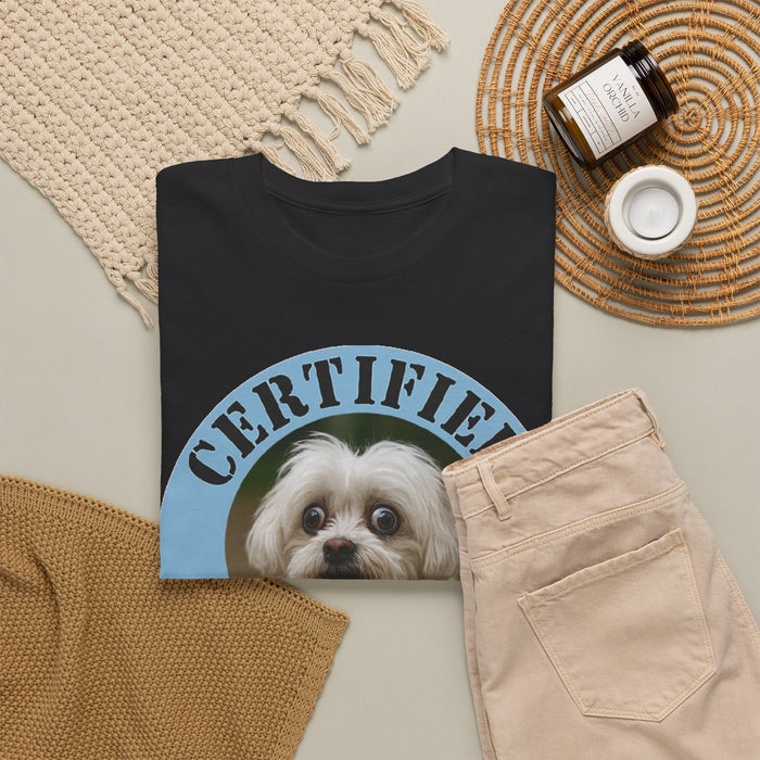 Maltese Certified Velcro Dog T‑Shirt — Funny Pet Lover Tee with Cute Pup Portrait