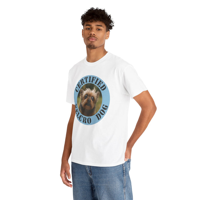 Certified Velcro Dog T‑Shirt — Funny Pet Lover Tee with Yorkie Photo