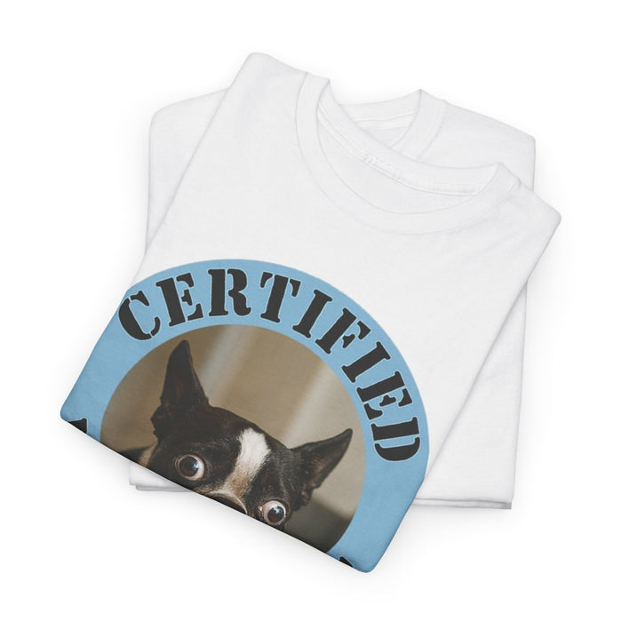 Certified Velcro Dog T‑Shirt — Funny Boston Terrier Pet Lover Tee