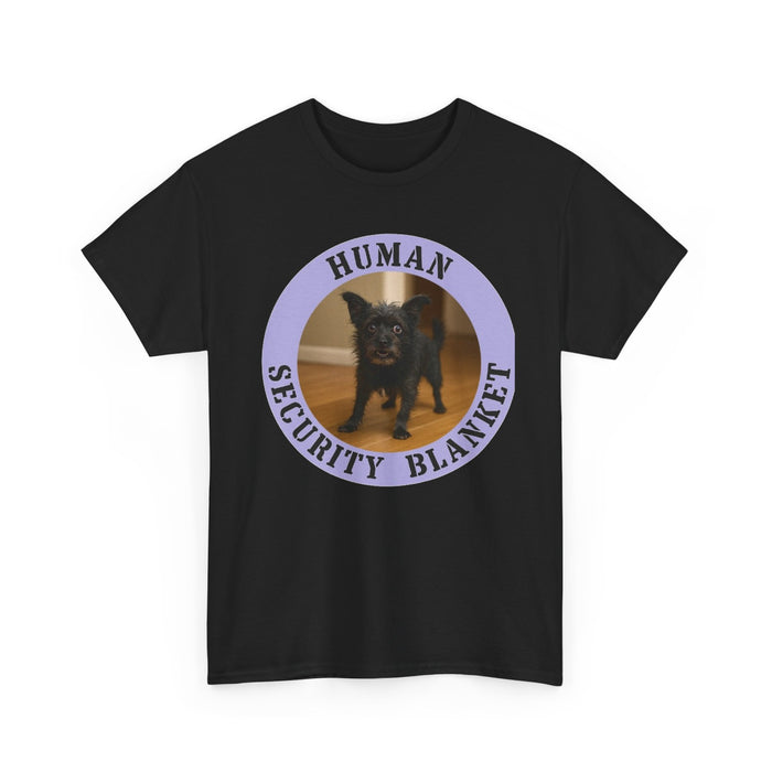 T-Shirt — "Human Security Blanket" Cute Black Dog Photo Tee